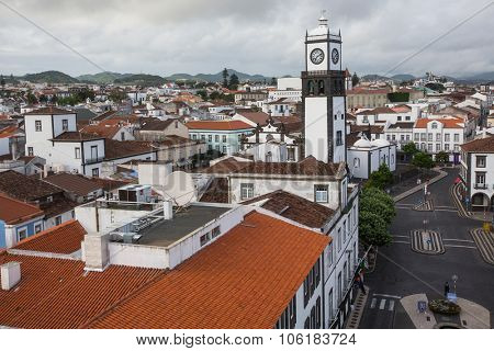 PONTA DELGADA, AZORES/PORTUGAL - CIRCA JUN, 2015: Top view of center of Ponta Delgada. City is located on Sao Miguel Island (233 km2) Region capital under the revised constitution of 1976.