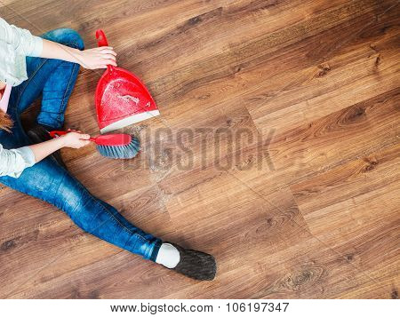 Cleaning Woman Sweeping Wooden Floor