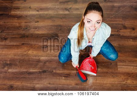 Cleaning Woman Sweeping Wooden Floor