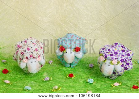 Handmade Toy Sheep On The Grass