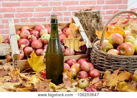 bottle of Normandy Cider, with many apples