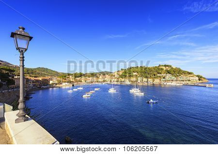 Elba Island, Porto Azzurro Village Bay. Marina And Street Lamp. Tuscany, Italy.