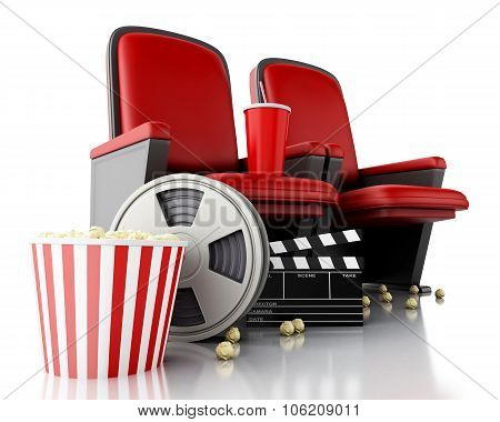 3D Film Reel, Popcorn And Cinema Clapper Board On Theater Seat.