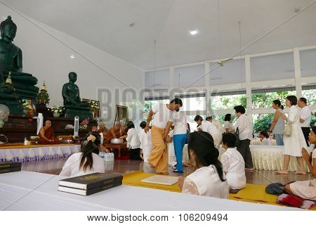 People In A Row Donate Money And Food To Buddhist Monk