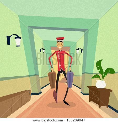 Bell Boy Carry Suitcase Indoor Hotel Porter