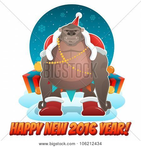 2016 Ney Year greeting card with monkey Santa in cartoon style