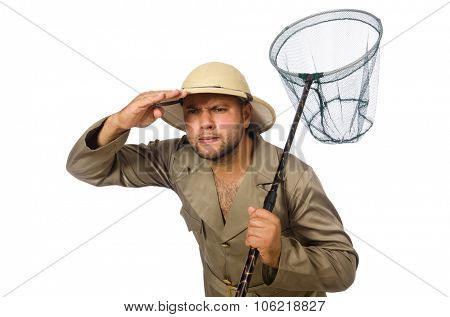 Man hunting for butterflies isolated on white