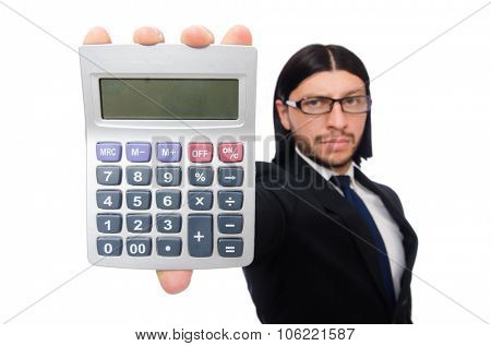 Man with calculator isolated on white