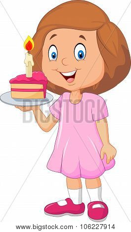 Little girl holding birthday cake isolated on white background