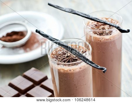 Chocolate Smoothie In Glasses With Vanilla Beans