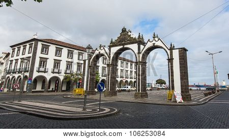 PONTA DELGADA, AZORES/PORTUGAL - CIRCA JUN, 2015: View of city gates in Ponta Delgada. City is located on Sao Miguel Island (233 km2) Region capital under the revised constitution of 1976.