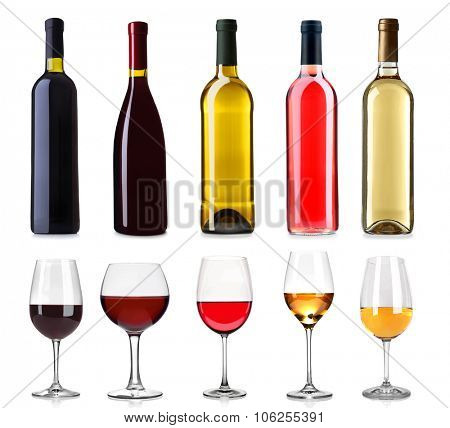 Set of white, rose, and red wine bottles and glasses, isolated on white