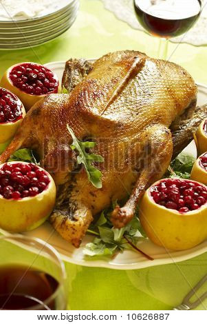 Weihnachten-gebratene Gans mit Äpfeln gefüllt mit Preiselbeeren