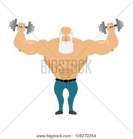Old Santa Trains With Free Weights. Old Man With A Grizzled Beard Makes Weight Training Exercises. O