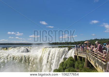 Tourists At Iguazu Falls Devil Throat Argentinian Border