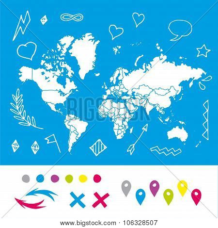 Hand drawn world map with pins and arrows vector design. Cartoon style atlas illustration. Travel po