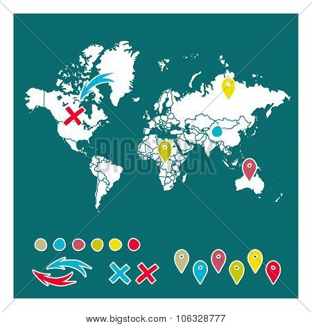 Hand drawn world map with pins and arrows vector design. Cartoon style atlas illustration. Travel po