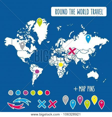 Hand drawn world map with pins and arrows vector design. Cartoon style atlas illustration. Travel po