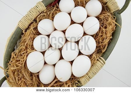 Eggs Lay On Hay In Basket