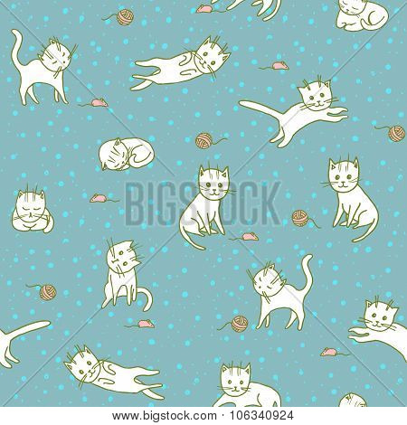 Cute Playng Cats Seamless Pattern. Pets Background
