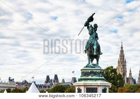 Statue Archduke Charles View Of Rathaus In Vienna