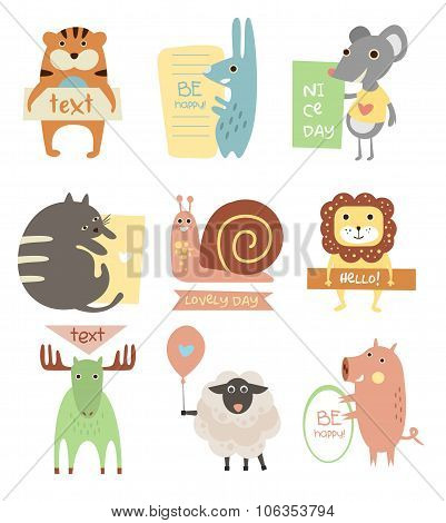 Cute Animals with Ribbons and Boards for Text. Vector Flat Illustration