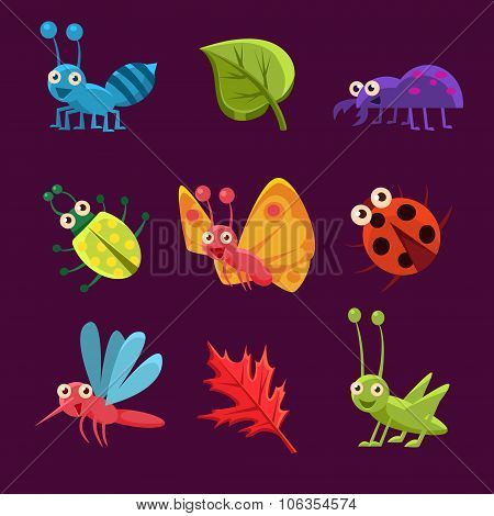 Cute Insects and Leaves with Emotions. Vector Illustration Collection