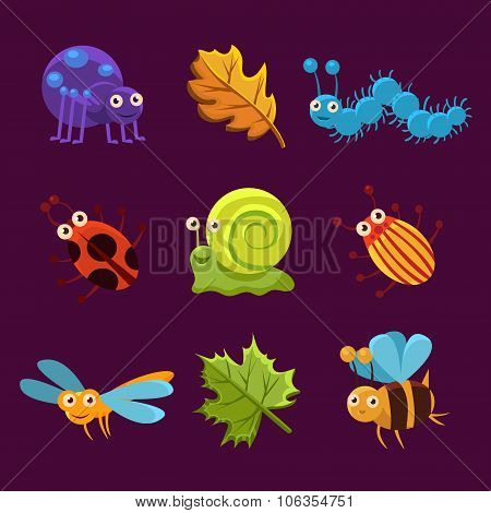 Cute Insects and Leaves with Emotions. Vector Illustration