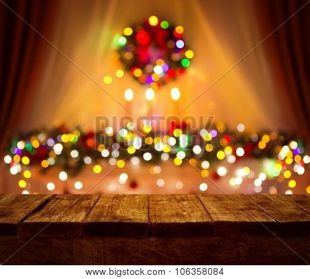 Christmas Table Blurred Lights Background, Wood Desk In Focus, Xmas Wooden Plank, Home Room