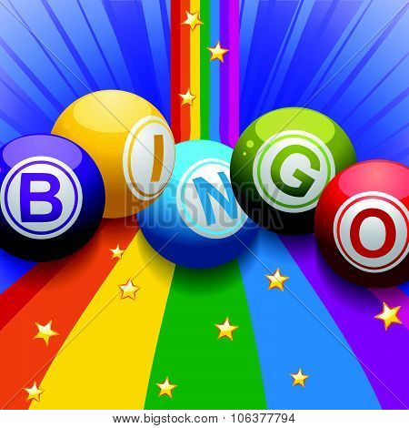 Bingo Balls On Rainbow Over Blue Background