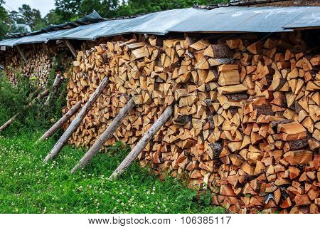Country yard with store of wood