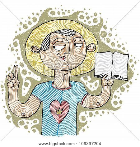 Apostil Holding A Bible. Hand-drawn Illustration Of Believer, Bible Character. Saint Metaphor.