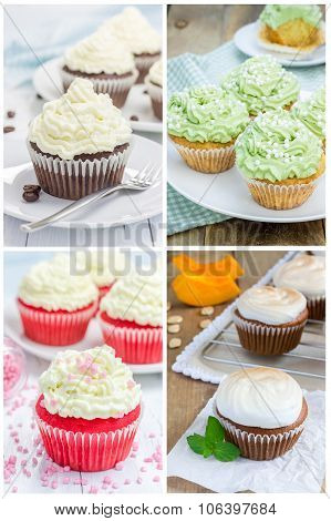 Collage With Different Kinds Of Cupcakes: Chocolate, Matcha, Red Velvet, Pumpkin