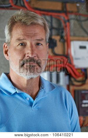 Portrait Of Electrician Standing Next To Fuseboard