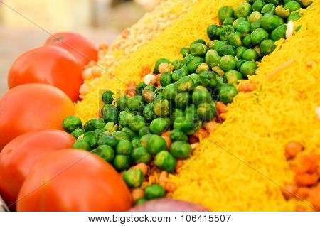 peas, tomatoes and sev for bhelpuri