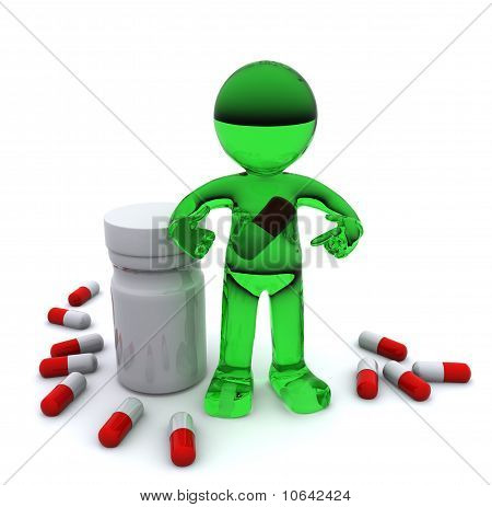 Personnage 3D avec la pilule à l'intérieur de l'estomac