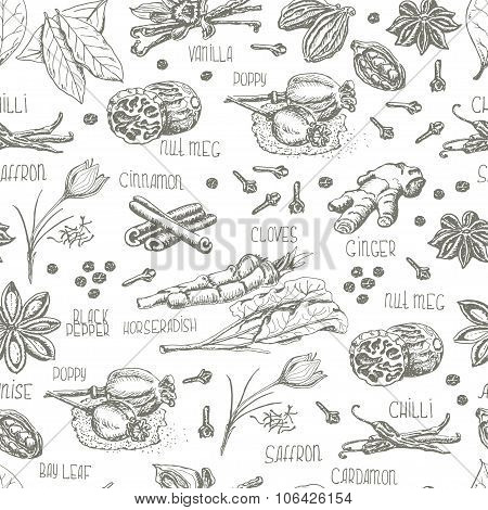 Seamless Pattern With Spices On A White Background