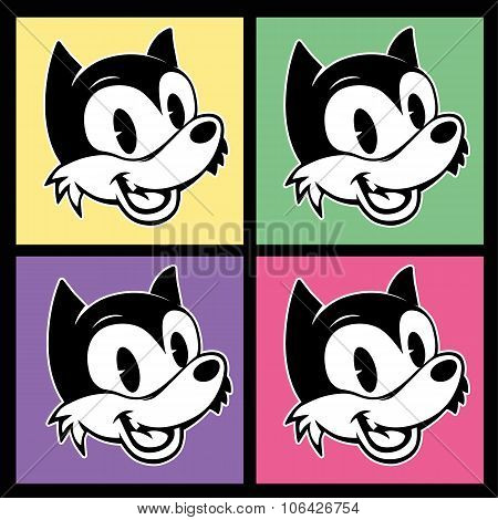 vintage toons. four images of retro cartoon character smiley woolf on the colorful background