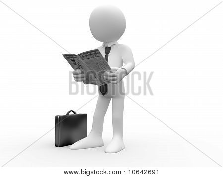 humanos 3D leyendo el periódico con su maletín en el suelo y una camisa y corbata