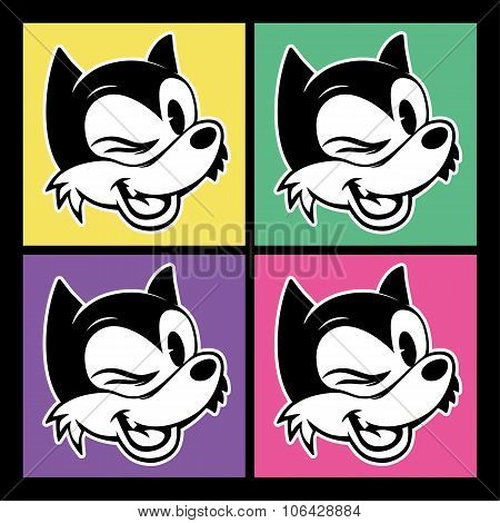 vintage toons. four images of retro cartoon character smiley and winks woolf on the colorful backgro
