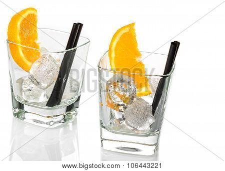 Empty Glasses Of Spritz Aperitif Aperol Cocktail With Orange Slices And Ice Cubes