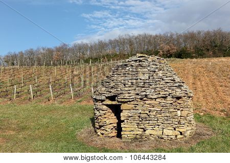 Stone hut in the vineyards of Beaujolais, France