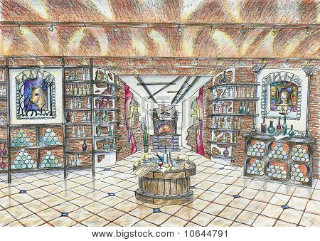 Sketch Of Interior Of Wine Shop