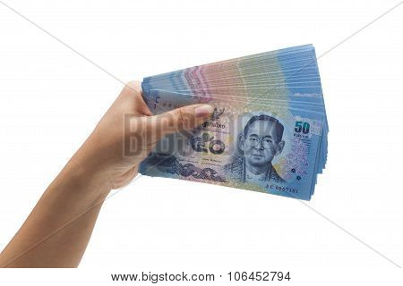 Hand Holding Thai Money On White Background