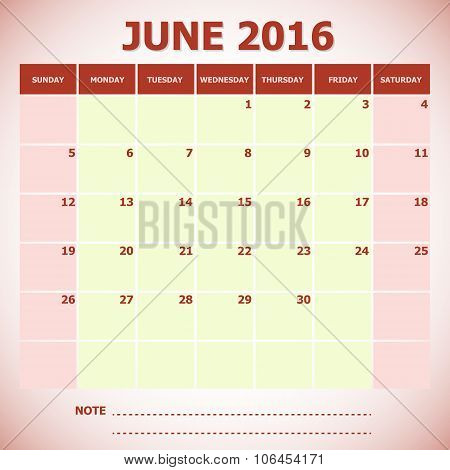 Calendar June 2016 Week Starts Sunday