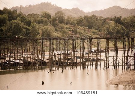 Mon Wood Bridge, Across River , Songkalia River, Thailand