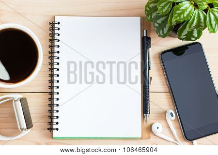 Diary Book Blank Page On Wood Desk On Top
