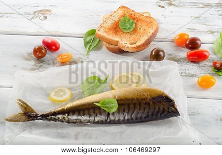 Smoked Mackerel  With Toasts And Fresh Vegetables.