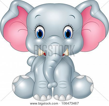 Cartoon funny baby elephant sitting isolated on white background