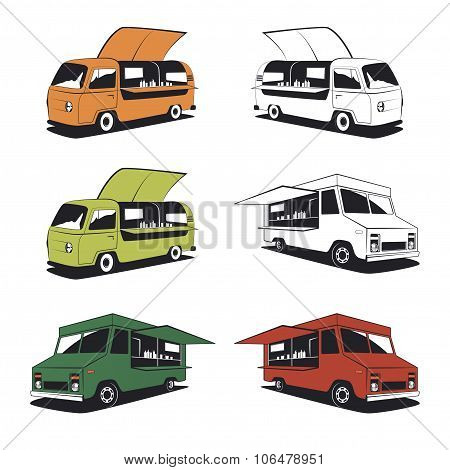 Set Of Retro Food Truck Illustrations And Street Food Graphics.